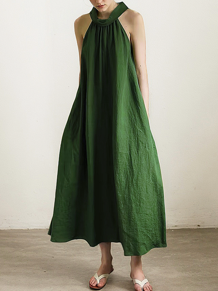 Vacation Plain linen-cotton Halter Maxi Dress, Green, Maxi Dresses