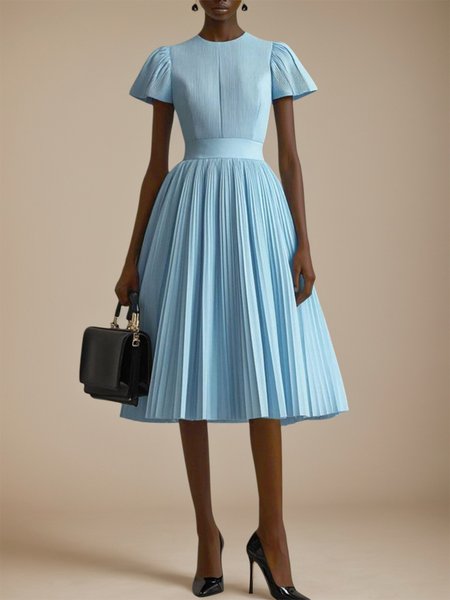 Elegant Plain Puff Sleeve Pleated Crew Neck Knee Length Dress, Blue, Midi Dresses