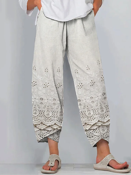 Women Floral Capris Pant Casual Summer Trousers, White, Pants