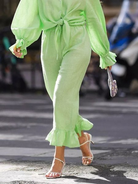 

Cotton And Linen Casual Plain Peplum Flare Pants, Green, Pants