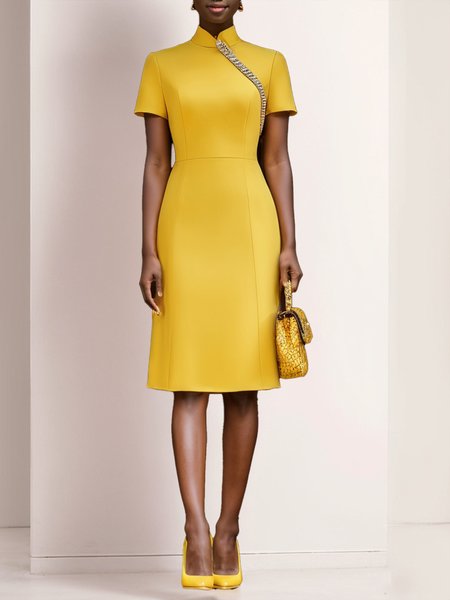 

Urban Plain Rhinestone Mock Neck Knee Length Dress, Yellow, Midi Dresses