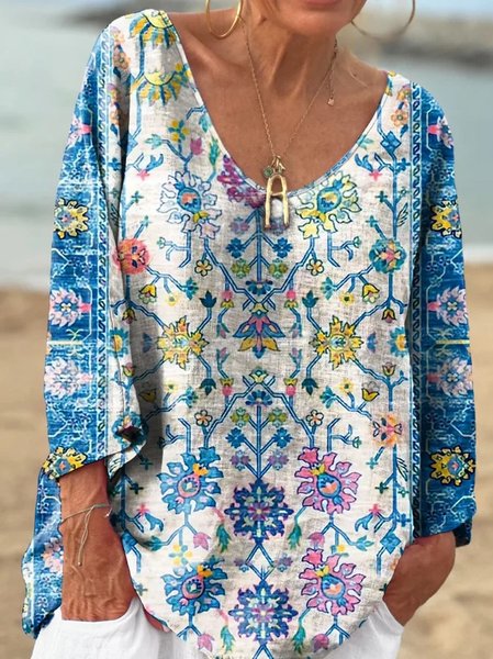 

Cotton V Neck Casual T-Shirt, As picture, Long sleeves