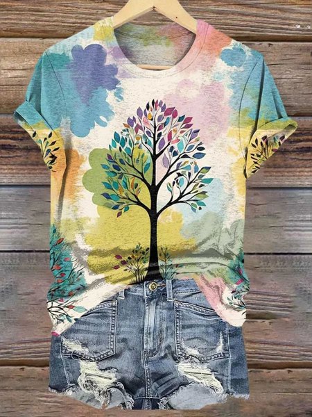

Casual Colorful Lucky Tree Print Crew Neck Short Sleeve T-shirt, White, T-shirts