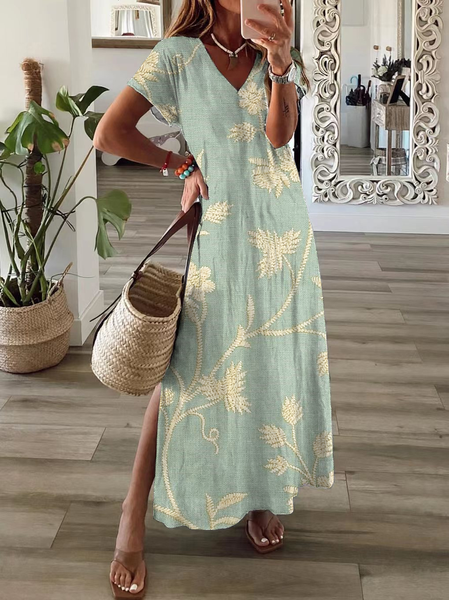 

Women's Floral Print Casual V-Neck Short Sleeve Dress, Green, Maxi Dresses