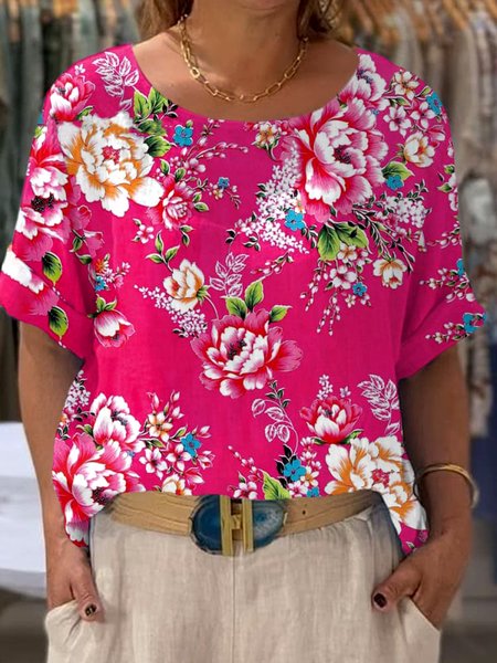 

Casual Floral Crew Neck Short Sleeve T-shirt, Rose red, T-shirts