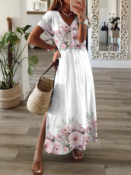 

Women Floral Short Sleeve Summer Printing Dress V Neck Daily Casual Maxi T-Shirt Dress X-Line Dress, White, Casual Dresses