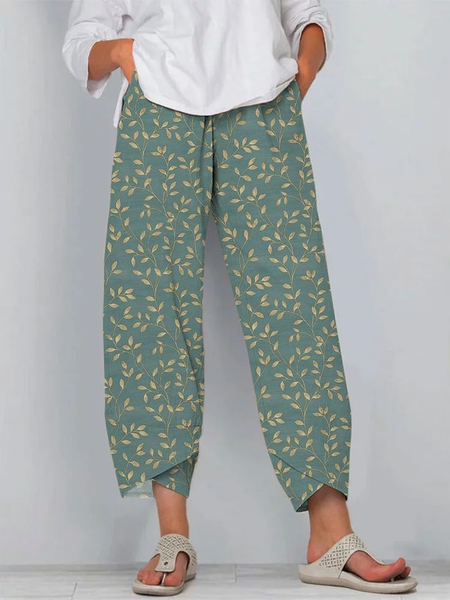 Women Floral Capris Pant Casual Summer Trousers, Green, Pants