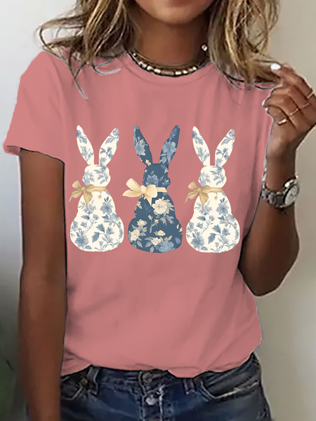 

Women Rabbit Short Sleeve Tee T-shirt Crew Neck Casual Summer Top, Orange pink, T-Shirts