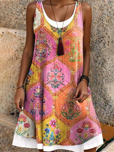 

Women Vacation Ethnic Print Crew Neck Sleeveless Comfy Casual Midi Dress, As picture, Dresses