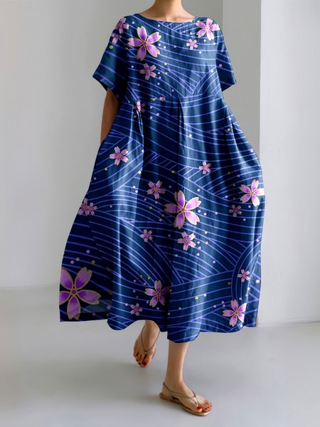 

Women Floral Crew Neck Short Sleeve Comfy Casual Maxi Dress, Blue, Maxi