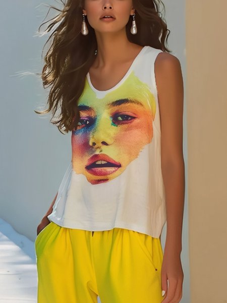 Jersey Casual Face Printing Crew Neck Tank Top, White, Tanks and Camis