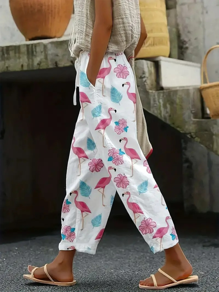 

Casual Floral Long Pant, White, Pants