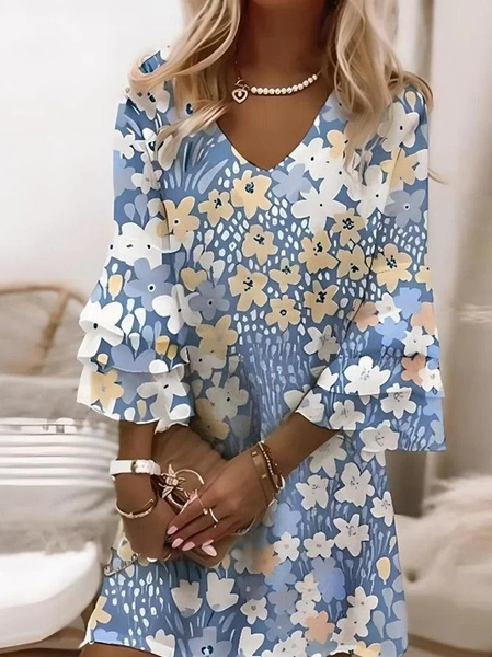 

Women Floral V Neck Half Sleeve Comfy Boho Midi Dress, As picture, Dresses