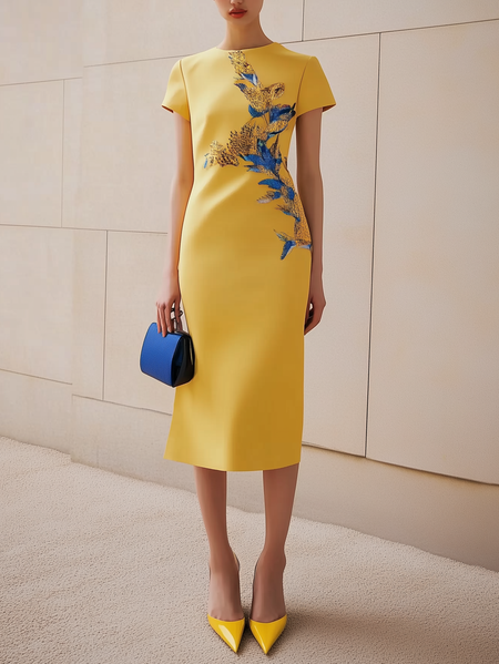 

Elegant Floral Embroidery Midi Dress, Yellow, Midi Dresses