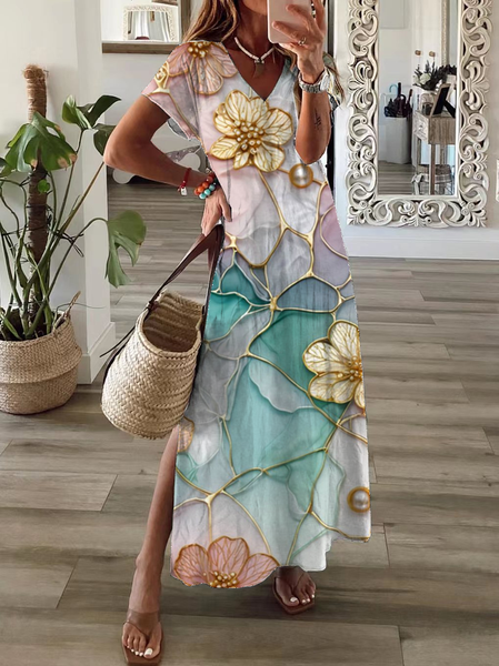 

Women Floral Short Sleeve Summer Printing Dress V Neck Daily Casual Maxi T-Shirt Dress X-Line Dress, As picture, Casual Dresses