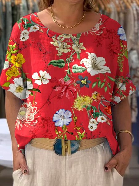 

Casual Floral Crew Neck Short Sleeve T-shirt, Red, T-shirts