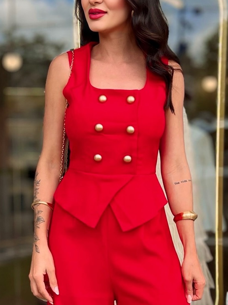 

Urban Plain Buttoned Square Neck Tank Top, Red, Tanks and Camis