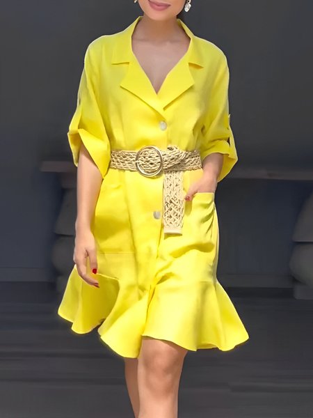 Linen blend Casual Plain Shawl Collar Mini Dress No Belt, Yellow, Mini Dresses