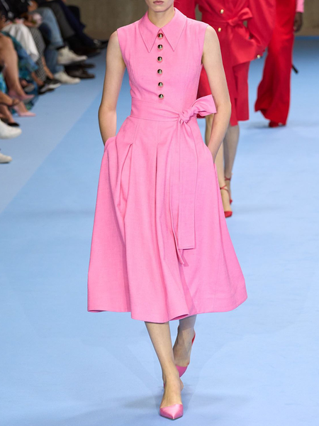 Urban Plain Shirt Collar Midi Dress With Belt, Pink, Midi Dresses