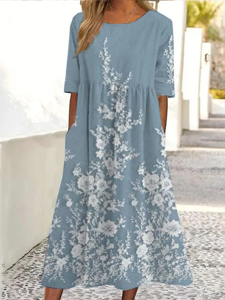 Women Floral Crew Neck Short Sleeve Comfy Casual Maxi Dress, As picture, Dresses