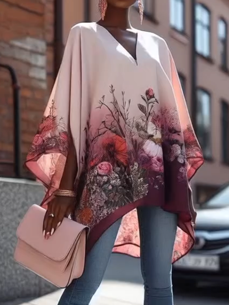 Casual Floral Printing V Neck Blouse, As picture, Blouses and Shirts
