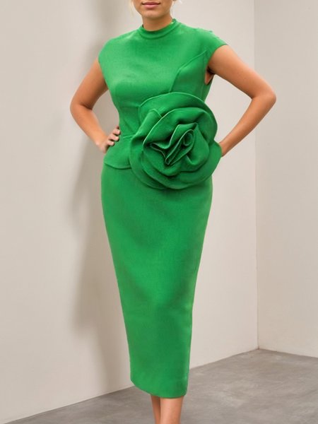 Elegant Ombre 3D Floral Midi Dress, Green, Midi Dresses