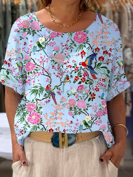 

Casual Floral Crew Neck Short Sleeve T-shirt, Light blue, T-shirts