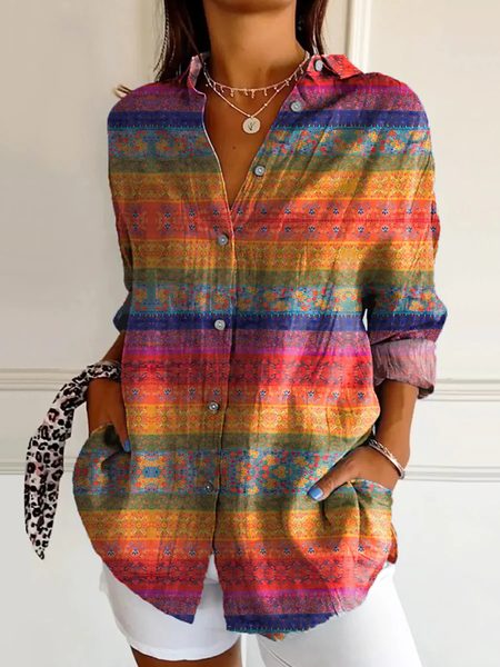 

Ethnic Colorful Printed Shirt Collar Long Sleeve Comfy Loose Shirt For Women, As picture, Shirts
