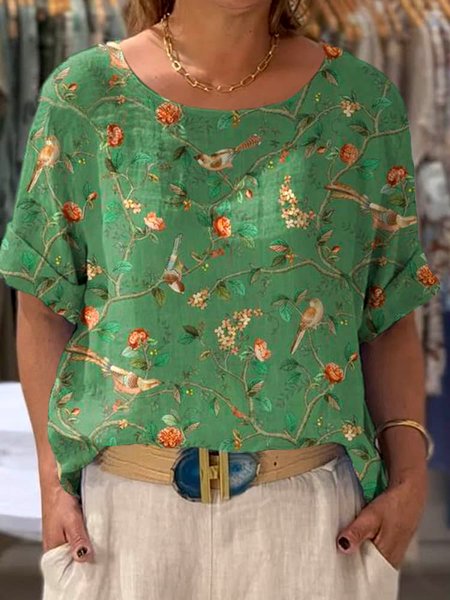 

Casual Floral Crew Neck Short Sleeve T-shirt, Green, T-shirts
