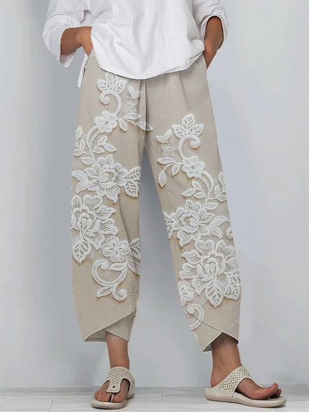 

Women Floral Capris Pant Casual Summer Trousers, Apricot, Pants