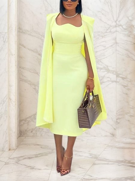 

Elegant Plain Shoulder Pad Mock Two-Piece Midi Dress, Yellow, Midi Dresses