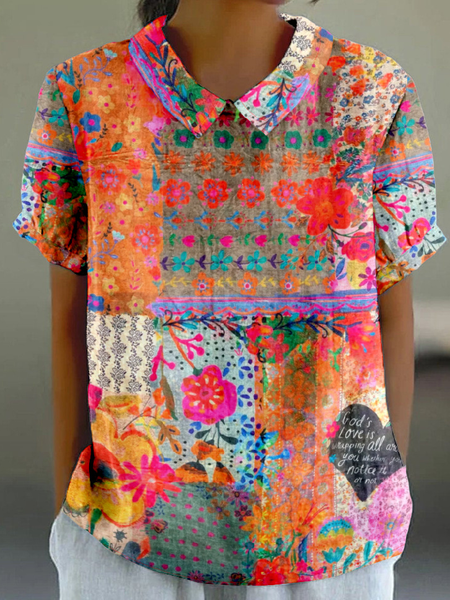 

Vintage Psychedelic Art Shawl Collar Short Sleeve T-shirt, As picture, Blouses
