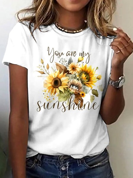 

Casual Floral Crew Neck Short Sleeve T-shirt, White, T-shirts