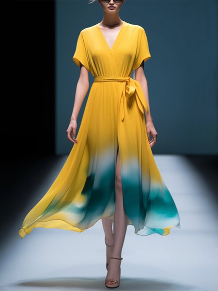 

Elegant Gradient Pattern Printing V Neck Midi Dress With Belt, Yellow, Midi Dresses