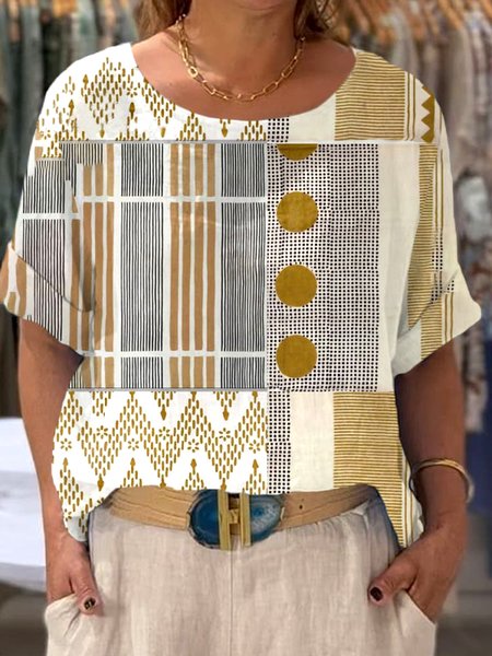 

Casual Geometric Crew Neck Short Sleeve T-shirt, Khaki, T-shirts