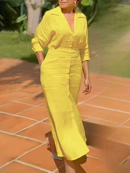 

Linen blend Vacation Plain Raglan Sleeves V Neck Maxi Dress, Yellow, Maxi Dresses