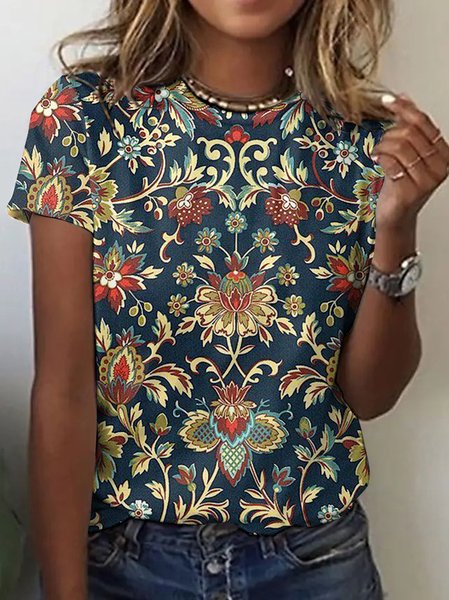 

Casual Floral Crew Neck Short Sleeve T-shirt, Purplish blue, T-shirts