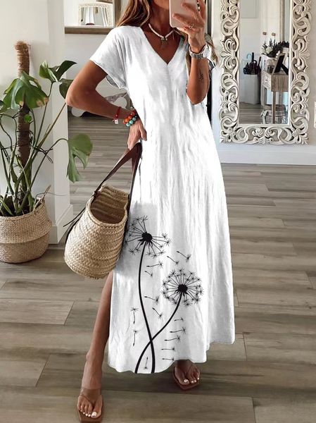 

Women's Floral Print Casual V-Neck Short Sleeve Dress, White, Maxi Dresses