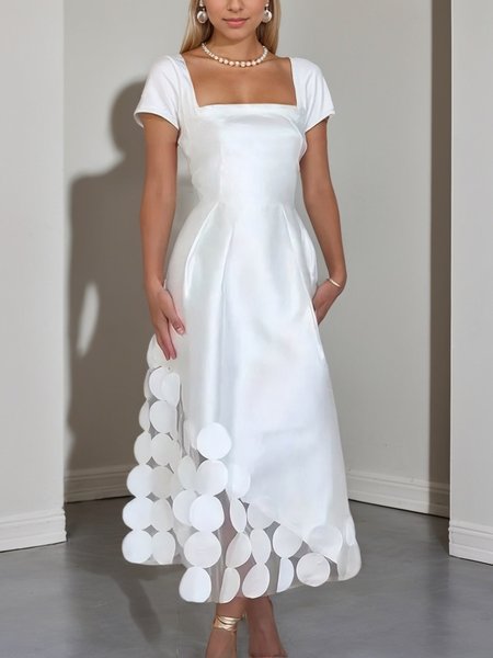 Elegant Geometric Split Joint Square Neck Midi Dress, White, Midi Dresses