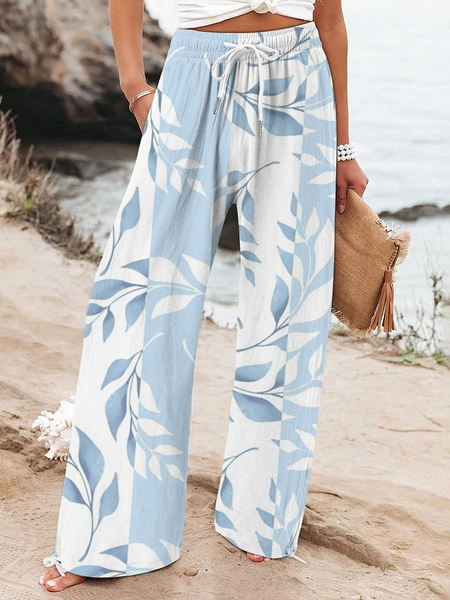 Women Floral Long Pant Casual Spring/Fall Trousers, Blue, Pants