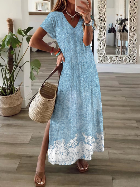 

Women Floral Short Sleeve Summer Printing Dress V Neck Daily Casual Maxi T-Shirt Dress X-Line Dress, Blue, Casual Dresses