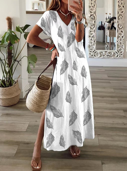 

Women Feather Short Sleeve Summer Printing Dress V Neck Daily Casual Maxi T-Shirt Dress X-Line Dress, White, Casual Dresses