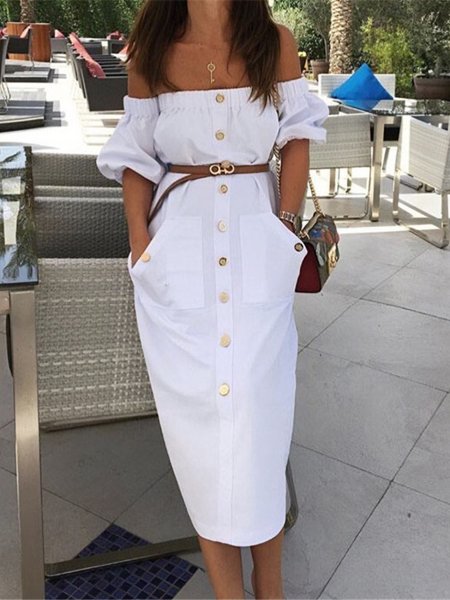 

Cotton Casual Plain Puff Sleeve Buttoned Cold Shoulder Maxi Dress No Belt, White, Midi Dresses
