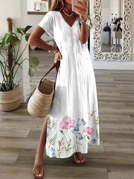 

Women's Floral Print Casual V-Neck Short Sleeve Dress, White, Maxi Dresses
