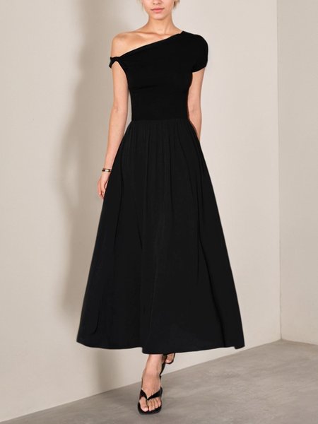 Casual Plain Irregular Craftsmanship Midi Dress, Black, Midi Dresses