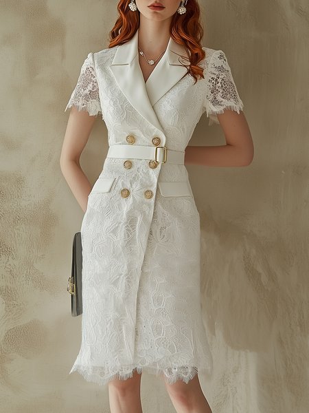 Urban Plain Buttoned Lapel Collar Knee Length Dress With Belt, White, Midi Dresses