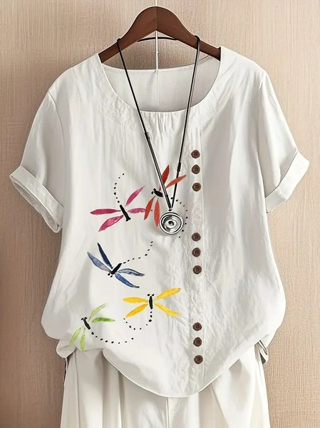 

Crew Neck Half Sleeve Dragonfly Regular Regular Fit Blouse For Women, White, Blouses