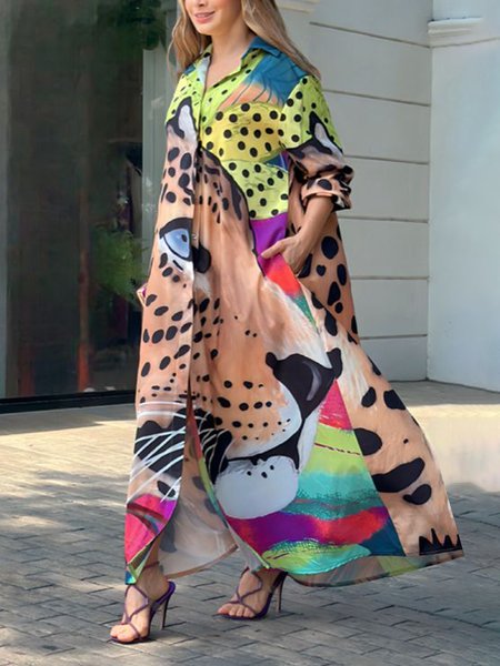 Casual Animal Shirt Collar Maxi Dress, As picture, Maxi Dresses