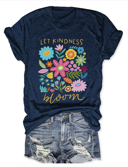 

Casual Floral Crew Neck Short Sleeve T-shirt, Purplish blue, T-shirts