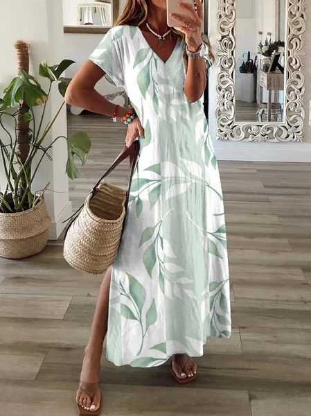 

Women Floral Summer Printing Dress V Neck Short Sleeve T-Shirt Dress X-Line Dress, Green, Dresses